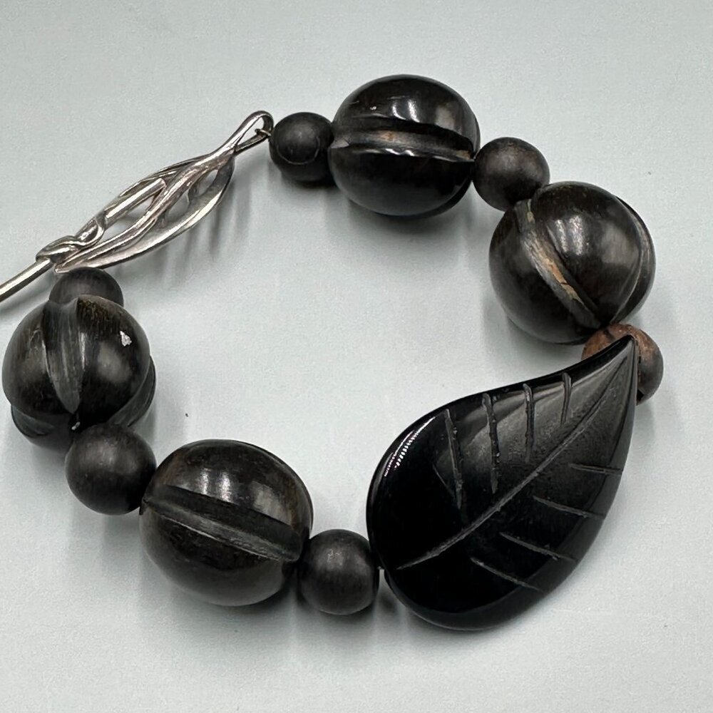 Chapal Zenray Beaded Bracelet Wood Round Beads Carved Onyx Leaf Sterling Clasp